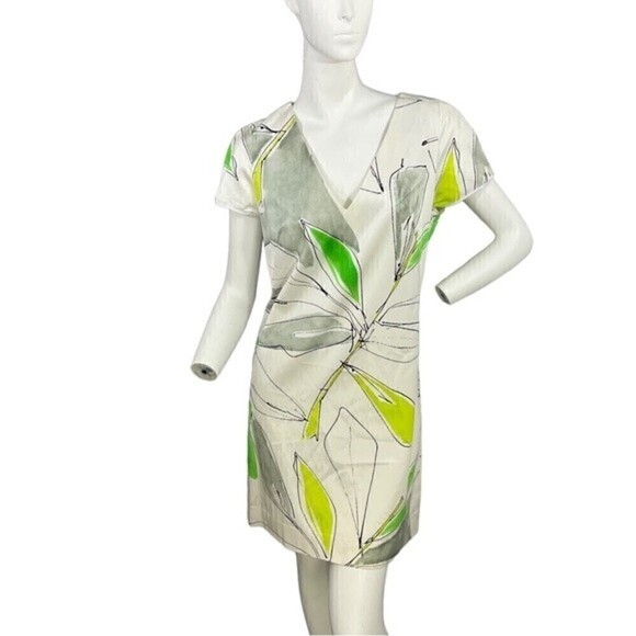 Milly Floral Graphic White Gray Green Cap Sleeve Sheath Dress Size 6 - Picture 3 of 12